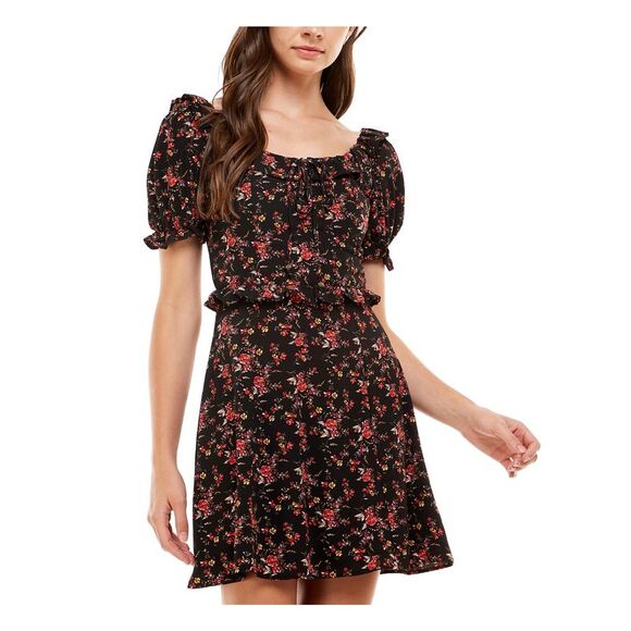 CITY STUDIO Dresses & Skirts - CITY STUDIO Womens Tie Cut Out Pouf Sleeve Scoop Neck Short Party Shift Dress